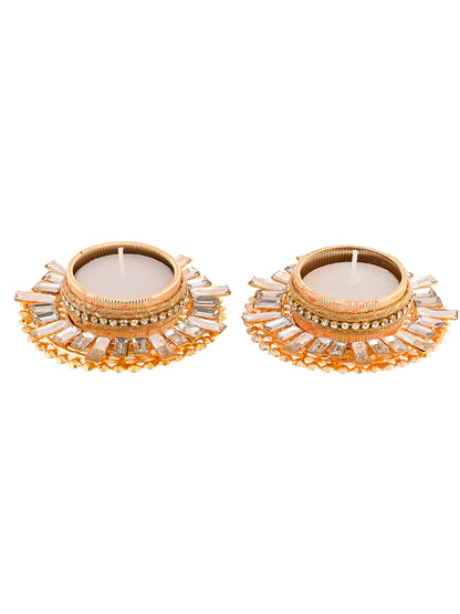 White 2 Pieces Stone Studded Metal Candle Holders