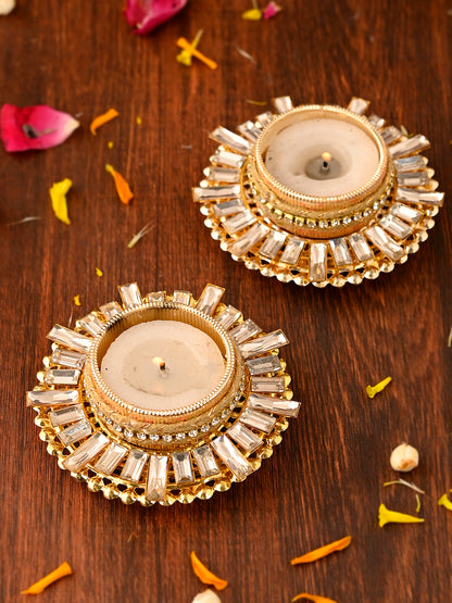 White 2 Pieces Stone Studded Metal Candle Holders