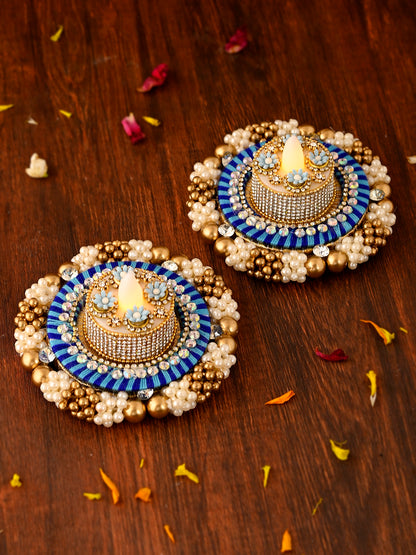 Blue & White 2 Pieces Embellished Metal Candle Holders