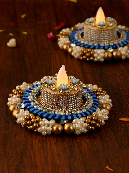 Blue & White 2 Pieces Embellished Metal Candle Holders