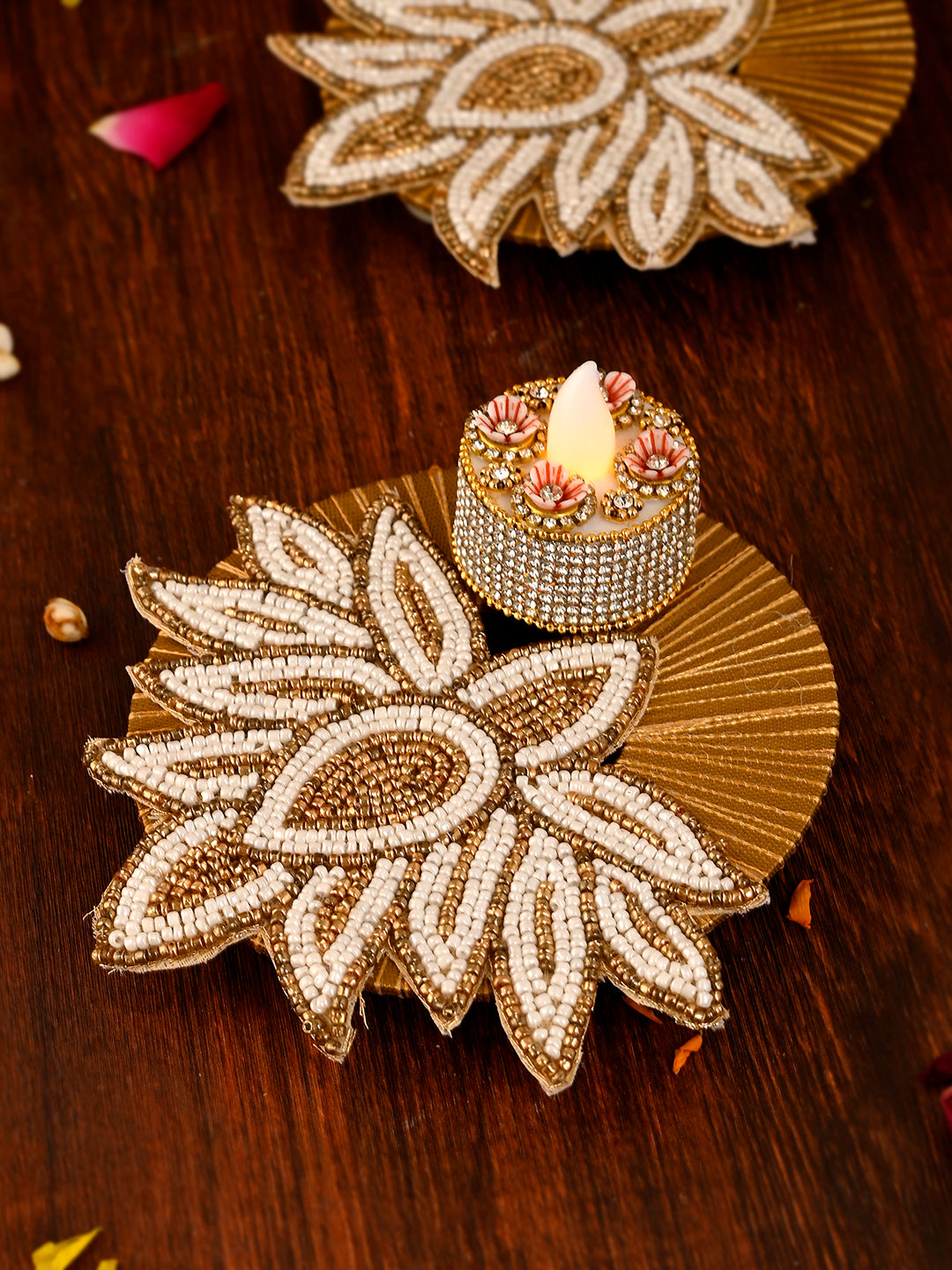 White & Gold-Toned 2 Pieces Embellished Candle Holders