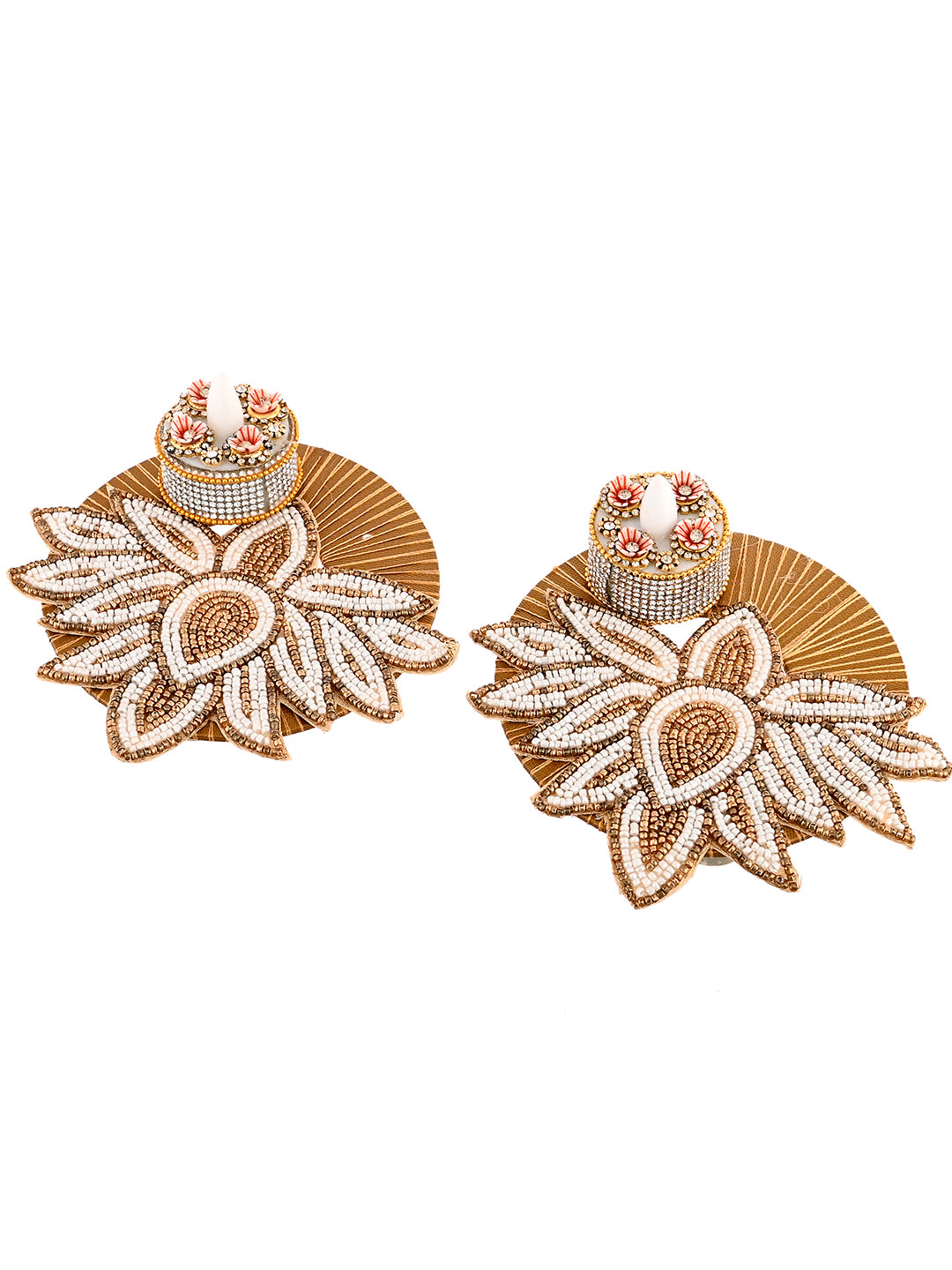 White & Gold-Toned 2 Pieces Embellished Candle Holders