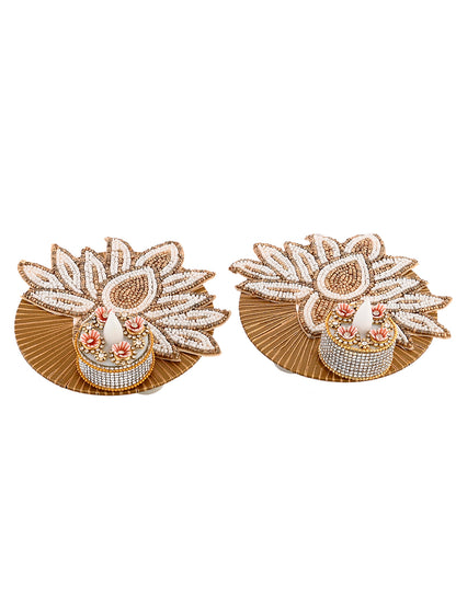 White & Gold-Toned 2 Pieces Embellished Candle Holders