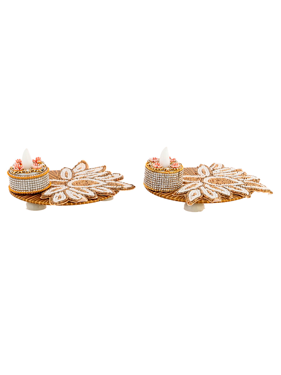 White & Gold-Toned 2 Pieces Embellished Candle Holders