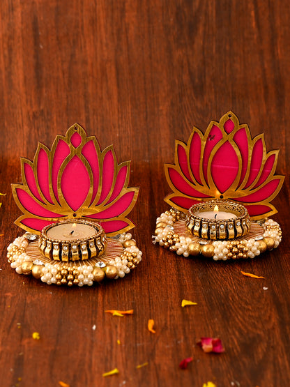 White & Gold-Toned 2 Pieces Lotus Shaped Metal Candle Holders