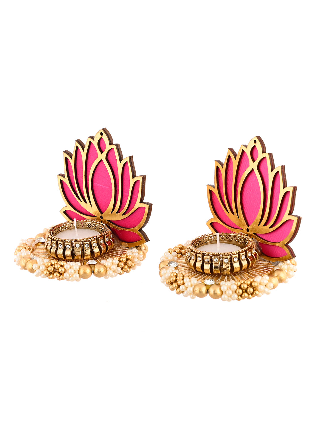 White & Gold-Toned 2 Pieces Lotus Shaped Metal Candle Holders