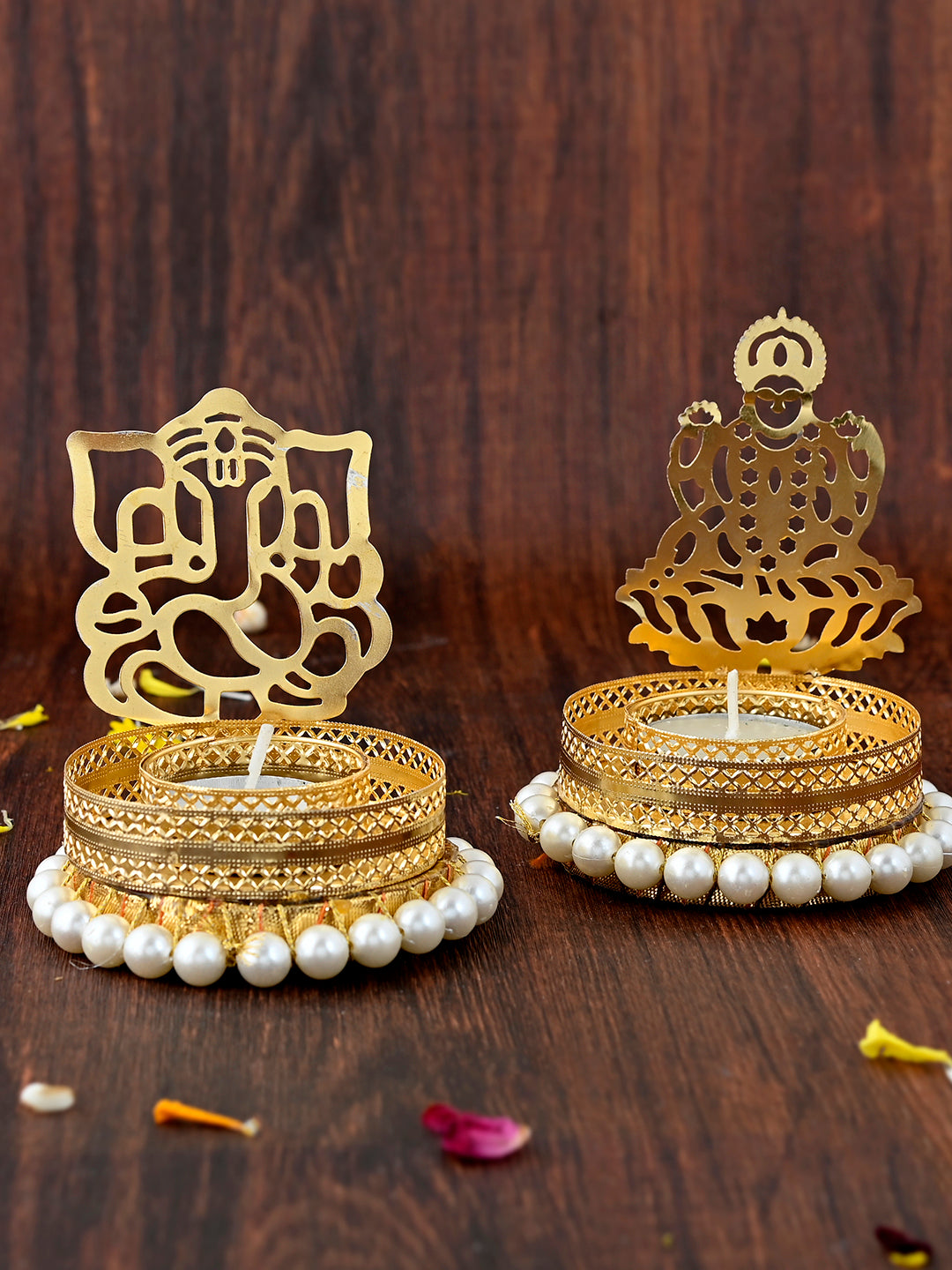 White & Gold-Toned 2 Pieces Laxmi Ganesh Metal Candle Holders