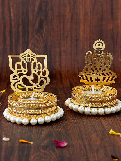 White & Gold-Toned 2 Pieces Laxmi Ganesh Metal Candle Holders