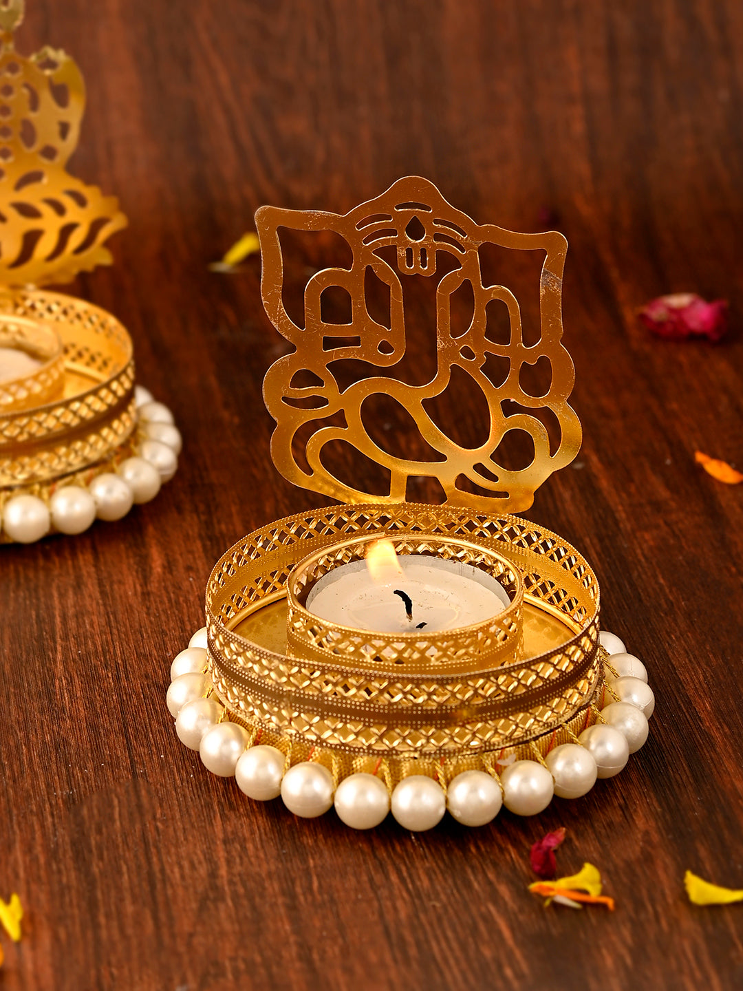 White & Gold-Toned 2 Pieces Laxmi Ganesh Metal Candle Holders