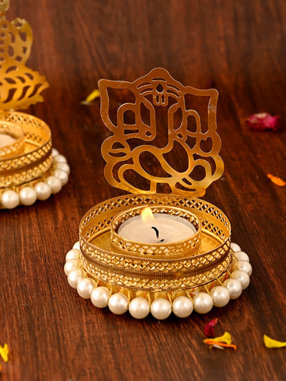 White & Gold-Toned 2 Pieces Laxmi Ganesh Metal Candle Holders