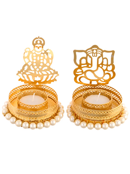 White & Gold-Toned 2 Pieces Laxmi Ganesh Metal Candle Holders
