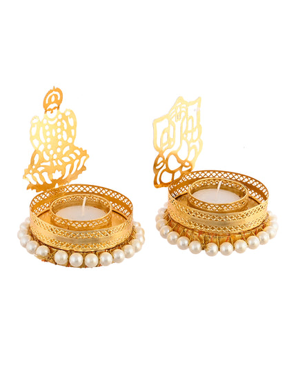 White & Gold-Toned 2 Pieces Laxmi Ganesh Metal Candle Holders