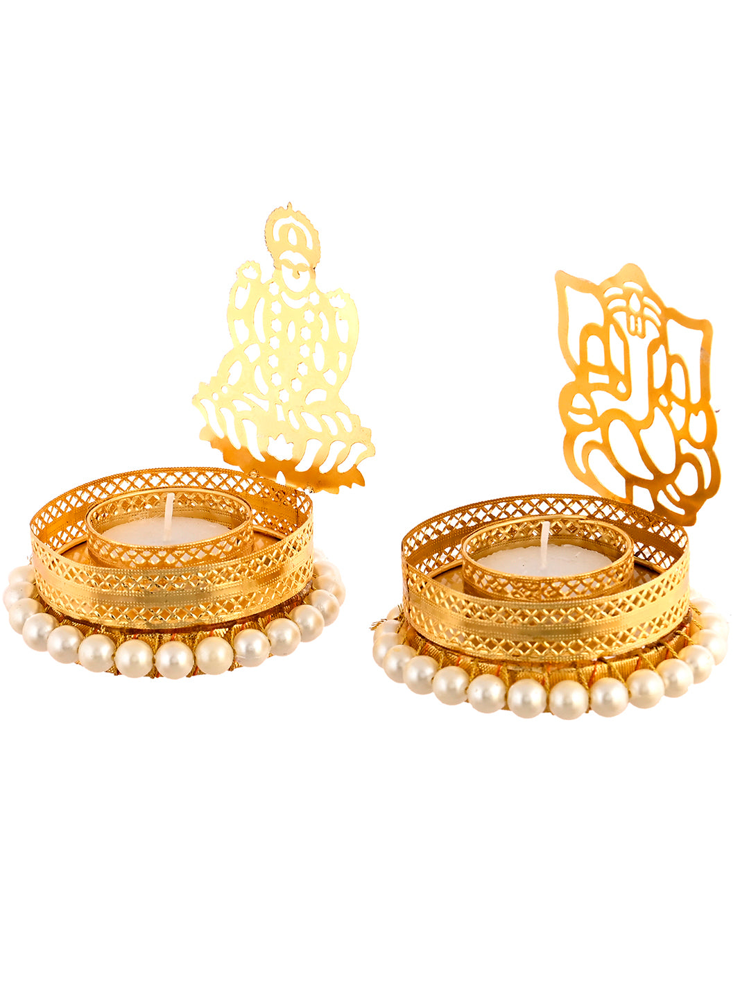 White & Gold-Toned 2 Pieces Laxmi Ganesh Metal Candle Holders