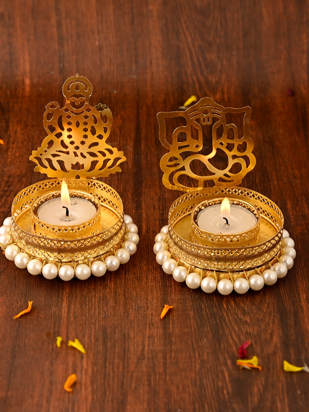 White & Gold-Toned 2 Pieces Laxmi Ganesh Metal Candle Holders