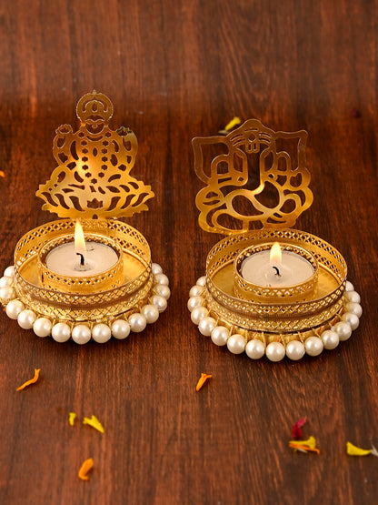 White & Gold-Toned 2 Pieces Laxmi Ganesh Metal Candle Holders