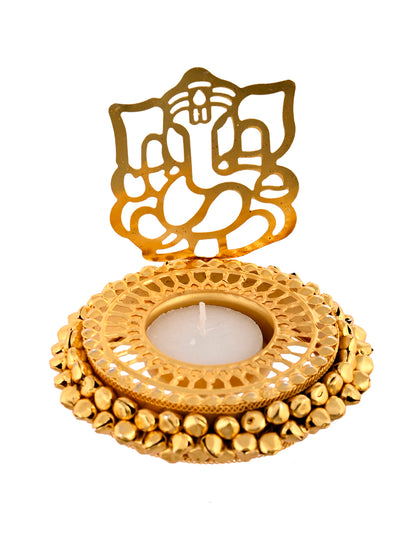 White & Gold-Toned 2 Pieces Laxmi Ganesh Metal Candle Holders