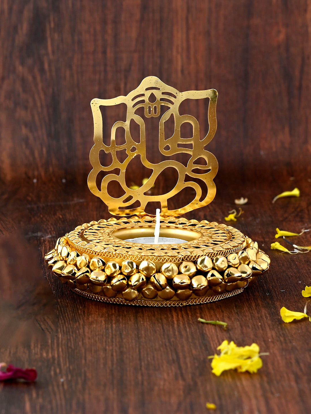 White & Gold-Toned 2 Pieces Laxmi Ganesh Metal Candle Holders