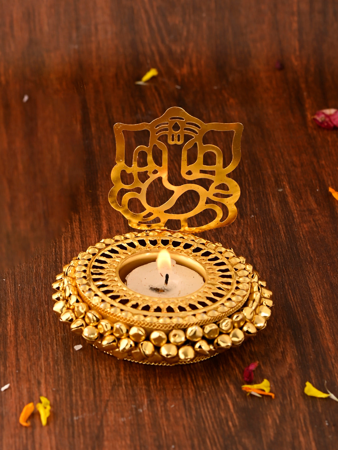 White & Gold-Toned 2 Pieces Laxmi Ganesh Metal Candle Holders