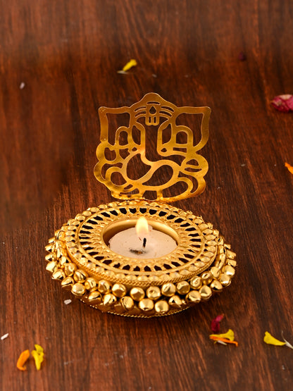 White & Gold-Toned 2 Pieces Laxmi Ganesh Metal Candle Holders