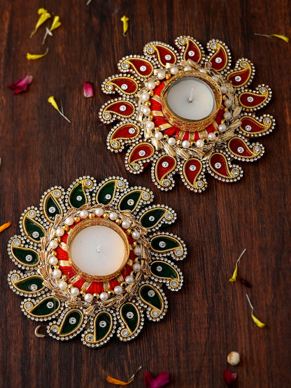 Green & Red 2 Pieces Paisley Shaped Metal Candle Holders