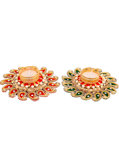 Green & Red 2 Pieces Paisley Shaped Metal Candle Holders