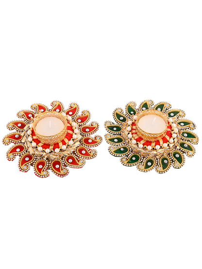 Green & Red 2 Pieces Paisley Shaped Metal Candle Holders