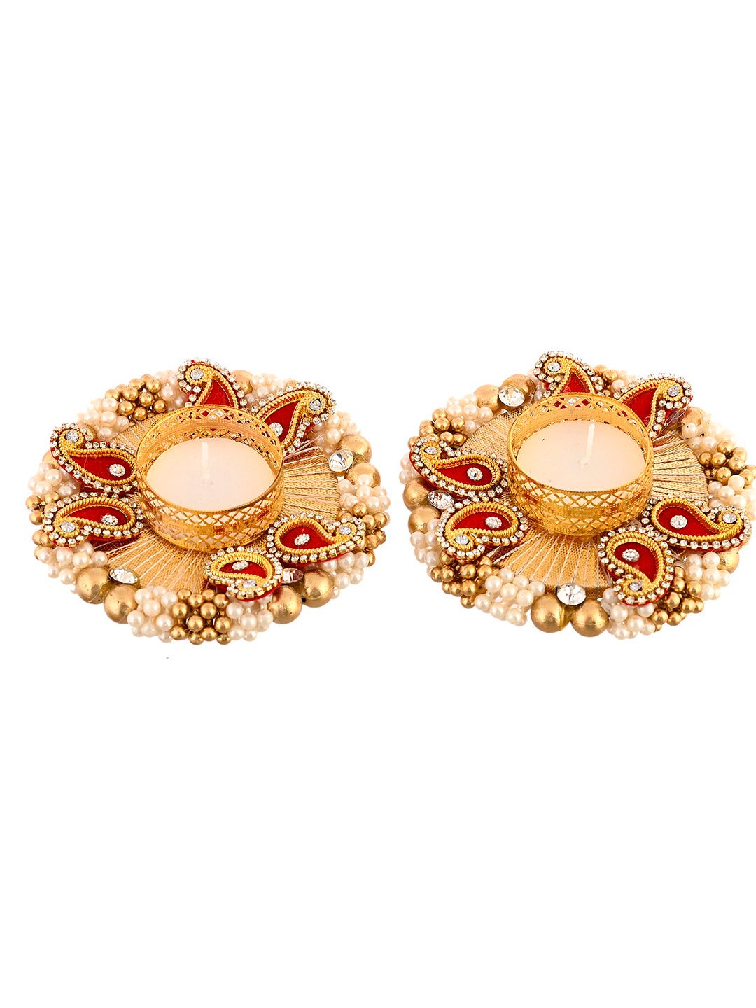 Red & Gold-Toned 2 Pieces Paisley Embellished Metal Candle Holders