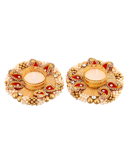 Red & Gold-Toned 2 Pieces Paisley Embellished Metal Candle Holders