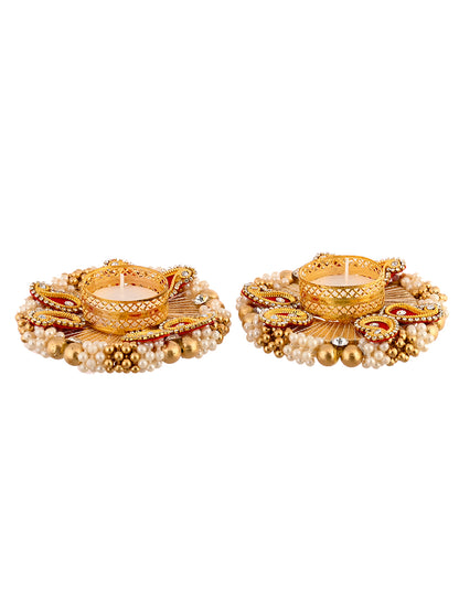 Red & Gold-Toned 2 Pieces Paisley Embellished Metal Candle Holders