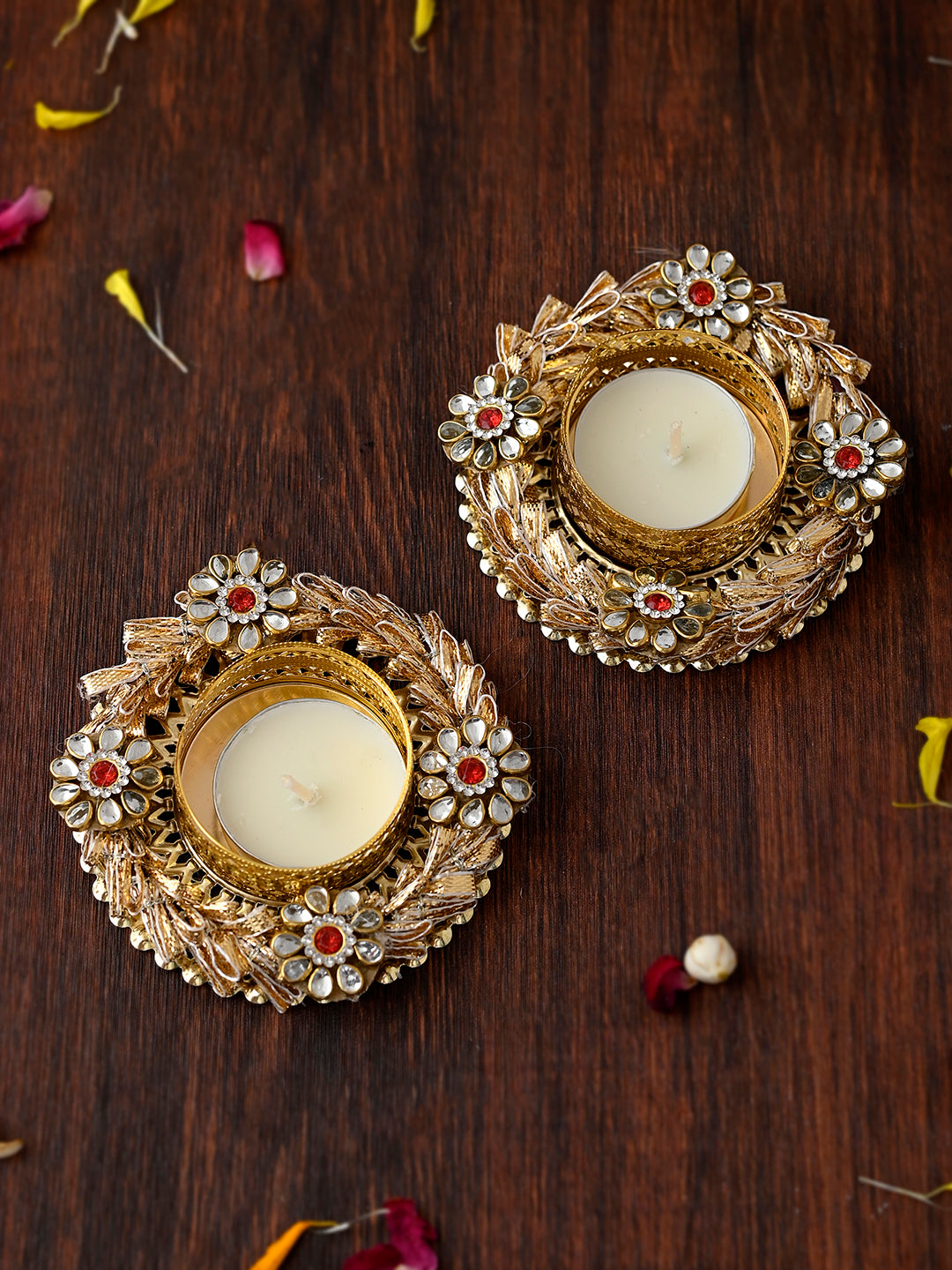 Gold Toned 2 Pieces Metal Diyas With Tea Light Candles