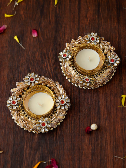 Gold Toned 2 Pieces Metal Diyas With Tea Light Candles