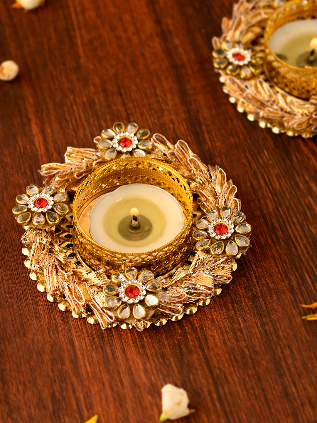 Gold Toned 2 Pieces Metal Diyas With Tea Light Candles