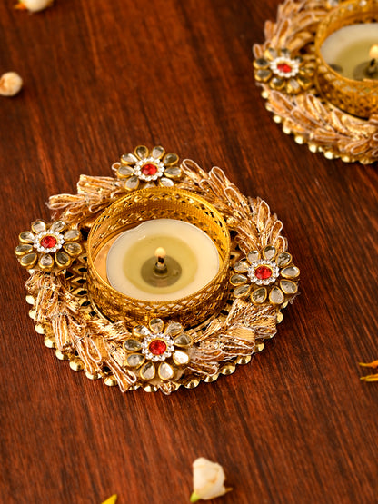 Gold Toned 2 Pieces Metal Diyas With Tea Light Candles