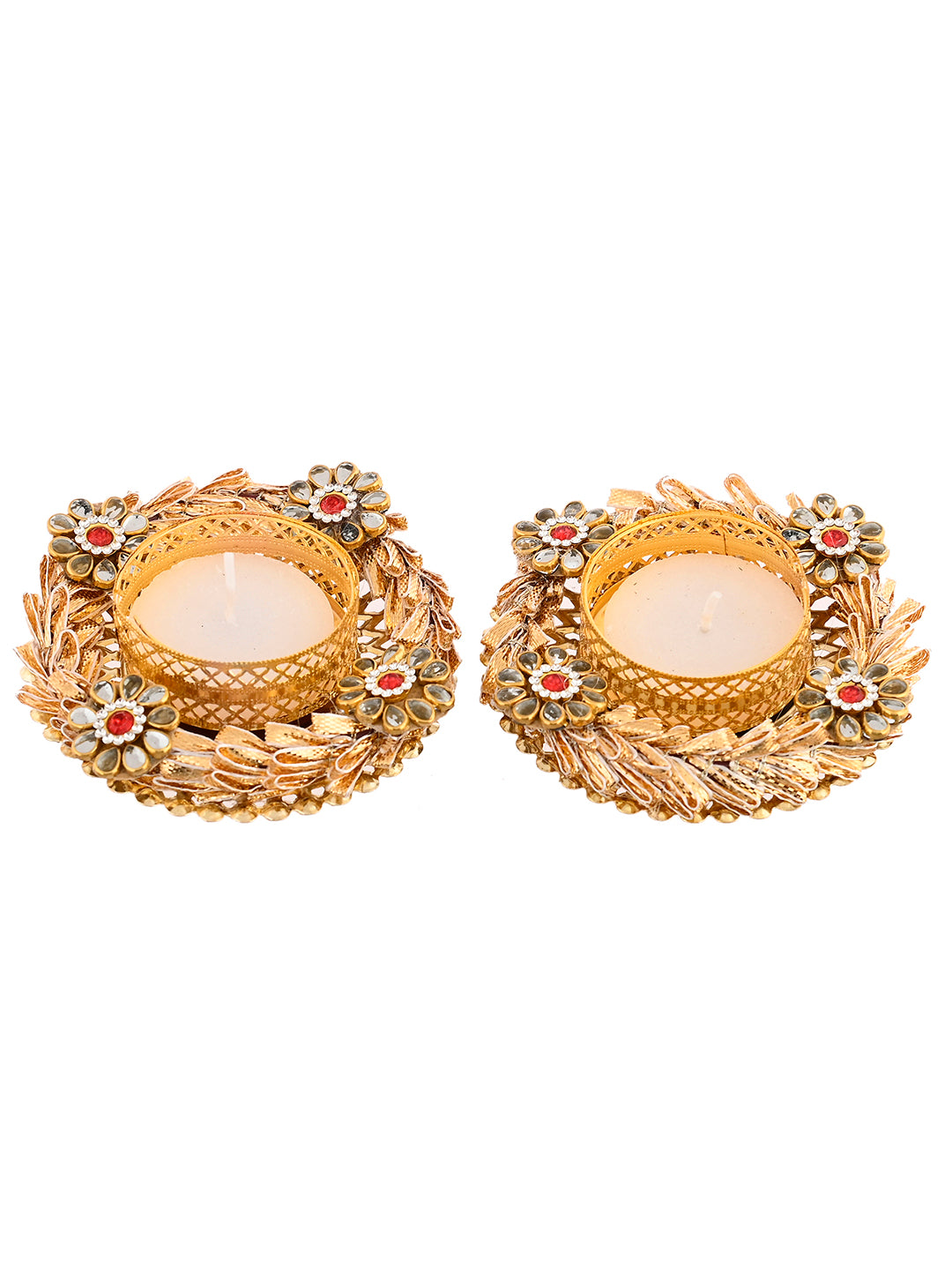 Gold Toned 2 Pieces Metal Diyas With Tea Light Candles
