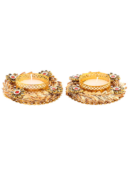 Gold Toned 2 Pieces Metal Diyas With Tea Light Candles