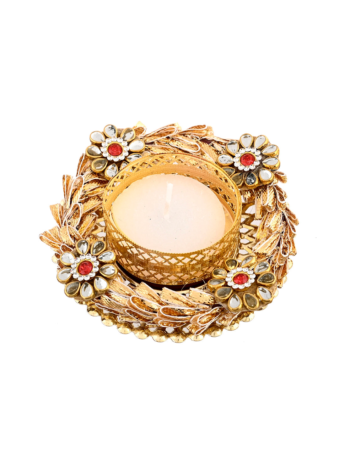 Gold Toned 2 Pieces Metal Diyas With Tea Light Candles