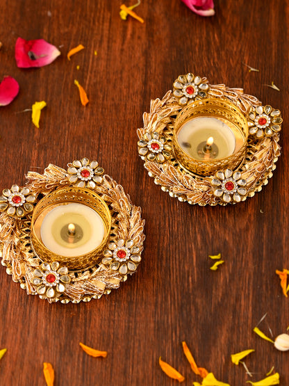 Gold Toned 2 Pieces Metal Diyas With Tea Light Candles