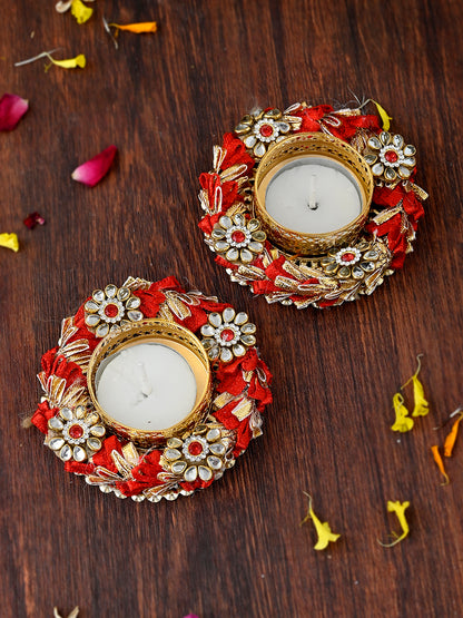 Red & Gold Toned 2 Pieces Embellished Metal Diyas With Tea Light Candles