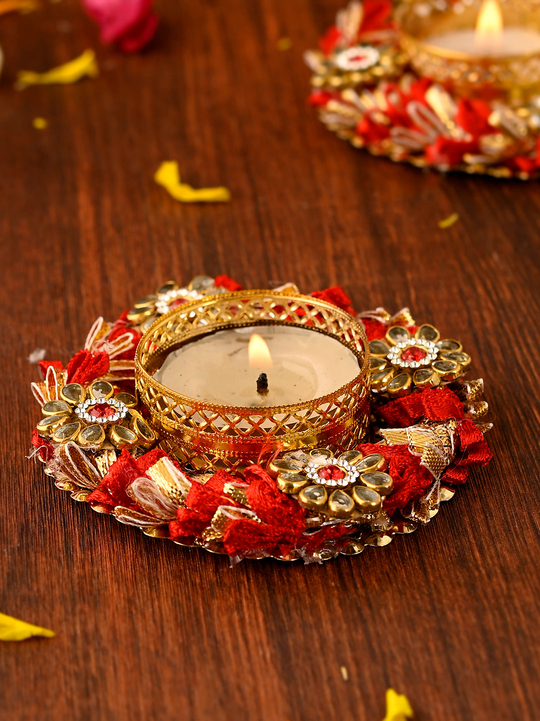Red & Gold Toned 2 Pieces Embellished Metal Diyas With Tea Light Candles