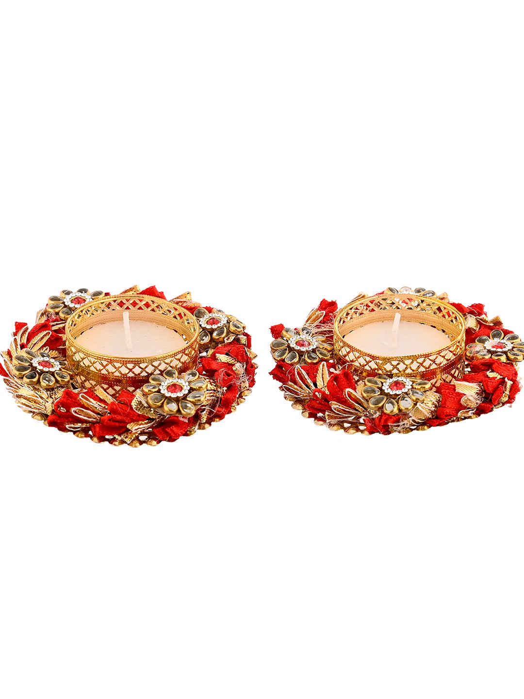 Red & Gold Toned 2 Pieces Embellished Metal Diyas With Tea Light Candles