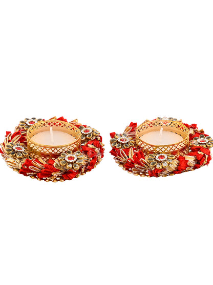 Red & Gold Toned 2 Pieces Embellished Metal Diyas With Tea Light Candles