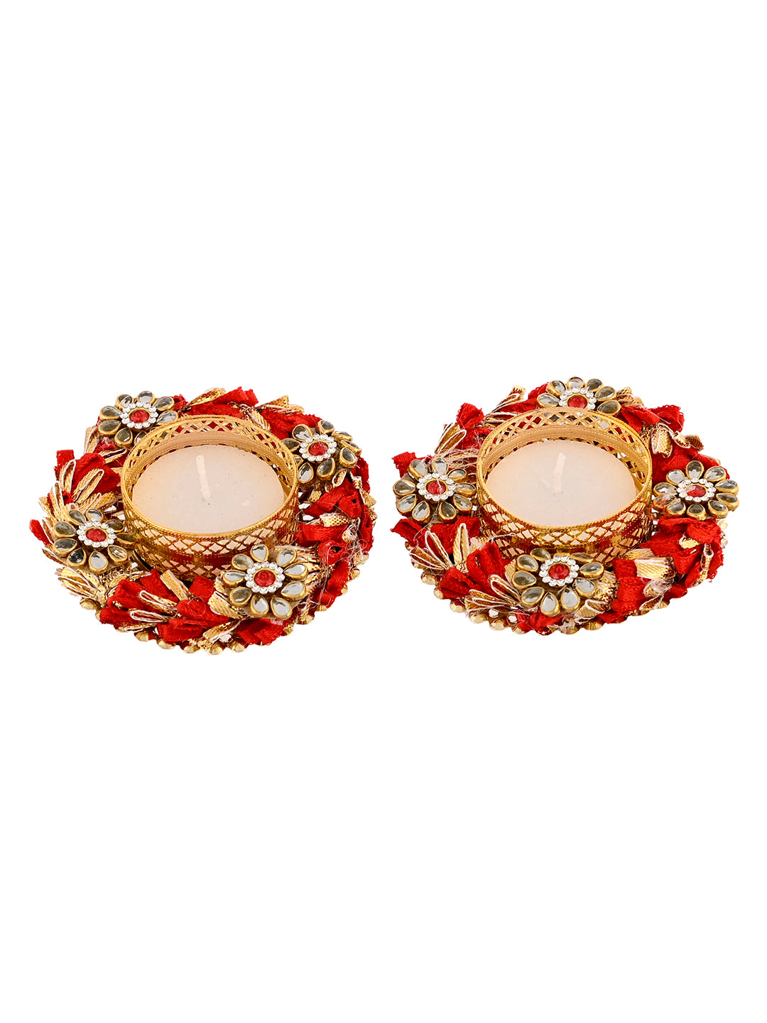 Red & Gold Toned 2 Pieces Embellished Metal Diyas With Tea Light Candles