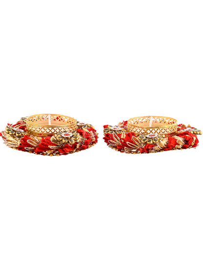 Red & Gold Toned 2 Pieces Embellished Metal Diyas With Tea Light Candles