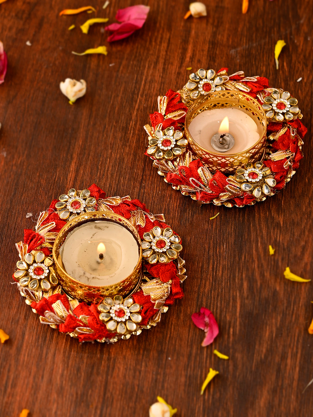 Red & Gold Toned 2 Pieces Embellished Metal Diyas With Tea Light Candles