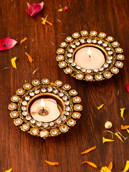White & Gold-Toned 2 Pieces Stone Studded Metal Candle Holders