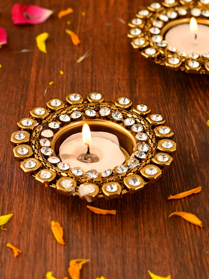 White & Gold-Toned 2 Pieces Stone Studded Metal Candle Holders