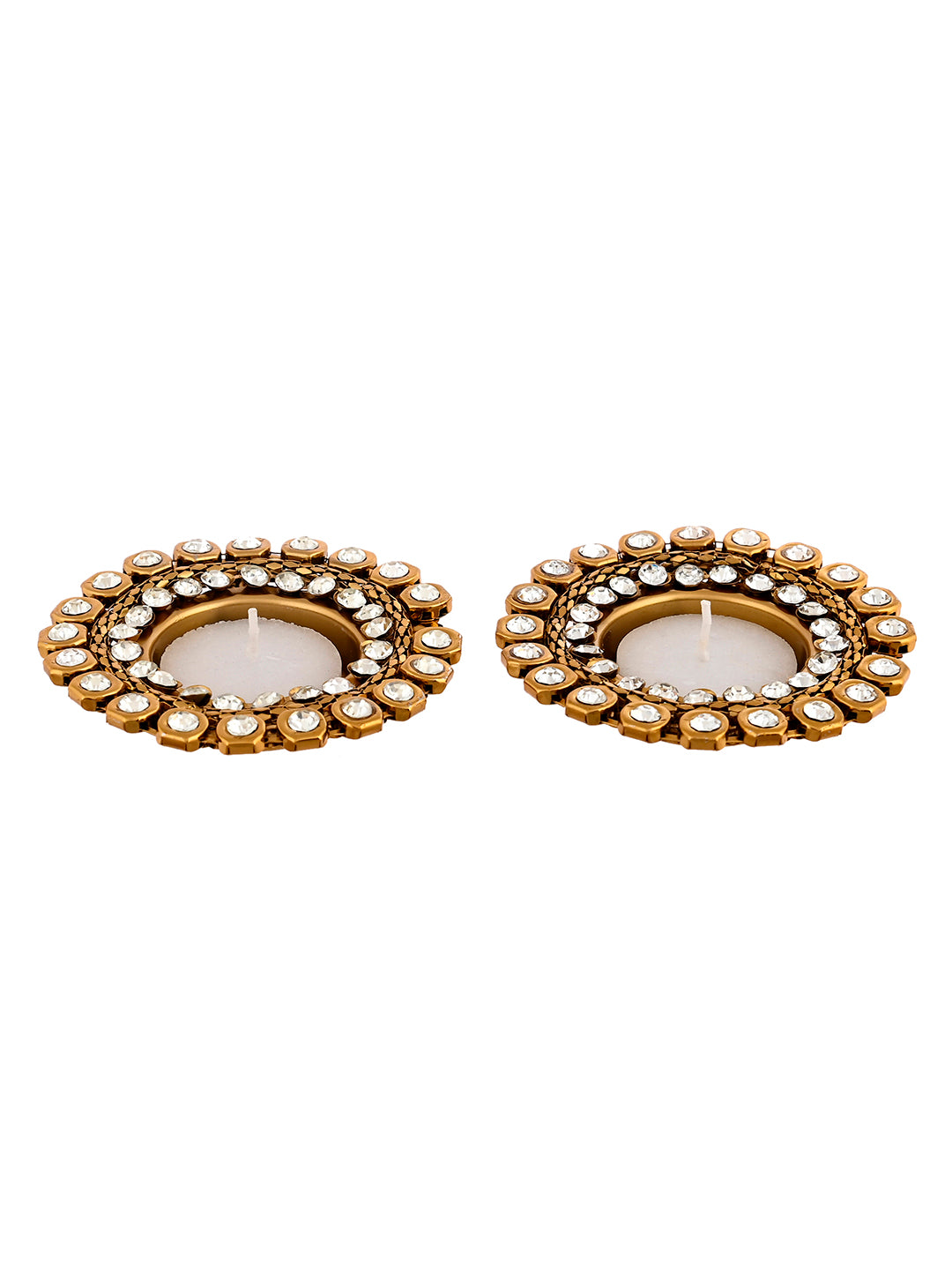 White & Gold-Toned 2 Pieces Stone Studded Metal Candle Holders