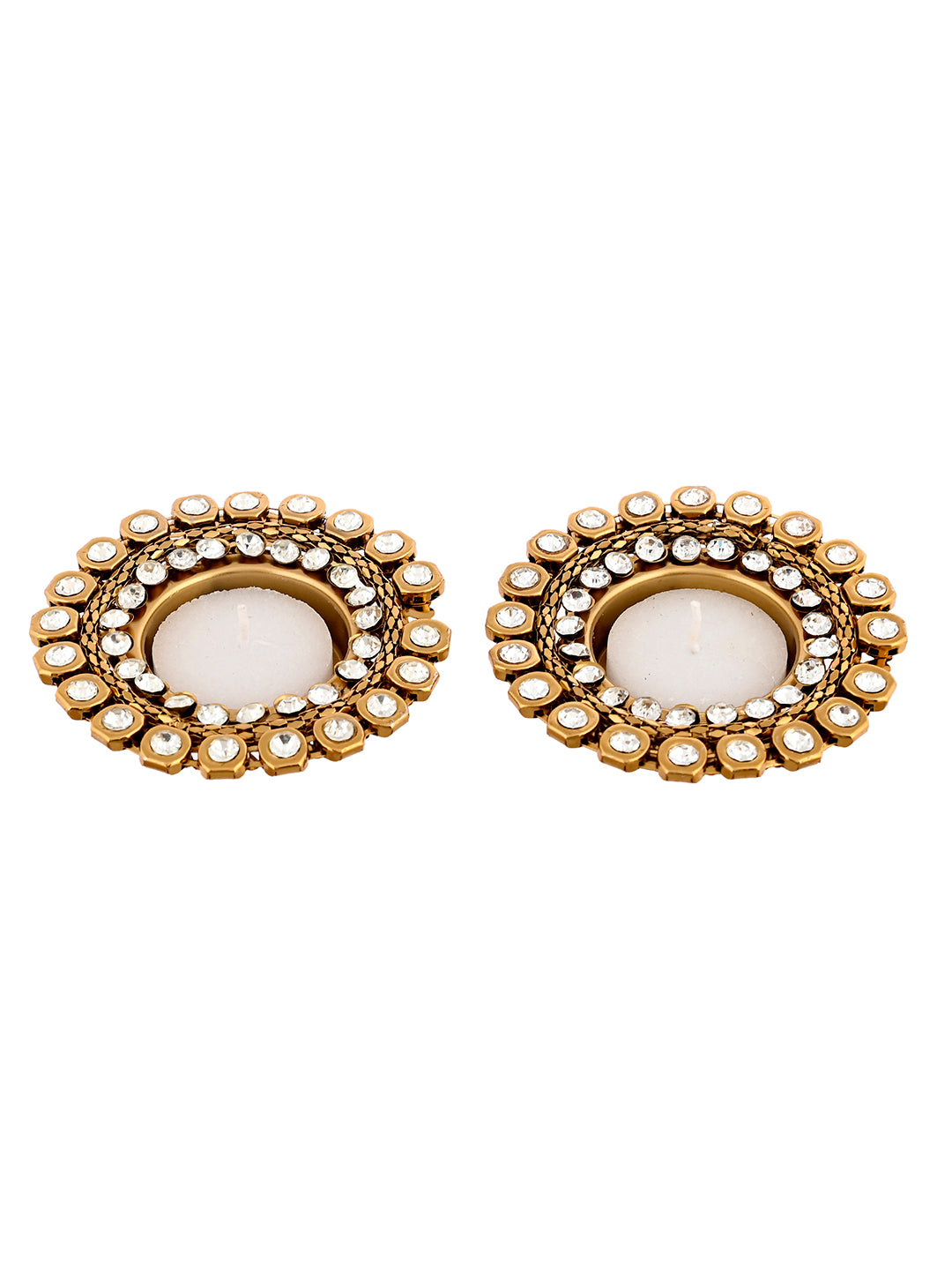 White & Gold-Toned 2 Pieces Stone Studded Metal Candle Holders