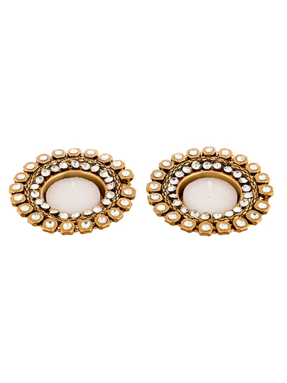 White & Gold-Toned 2 Pieces Stone Studded Metal Candle Holders