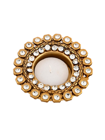 White & Gold-Toned 2 Pieces Stone Studded Metal Candle Holders